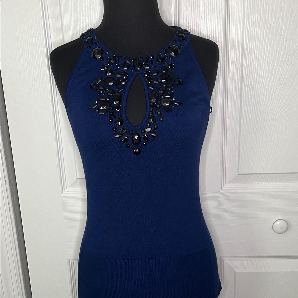 Cache Blue Jeweled Keyhole Silk Blend Knit Top Size Small Vintage Y2K.